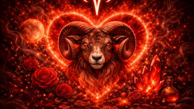 Ilustração vibrante do signo de Áries com um carneiro ao centro, cercado por um coração de energia vermelha, rosas, cristais e elementos místicos em tons intensos de vermelho.