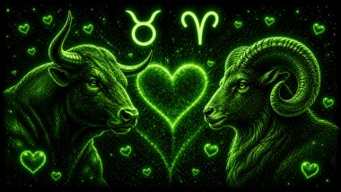 Ilustração em tons de verde com um carneiro (símbolo de Áries) e um touro (símbolo de Touro) frente a frente, com um coração ao centro, representando a combinação amorosa entre eles