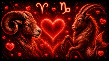 Ilustração em tons de vermelho com um carneiro (símbolo de Áries) e uma cabra (símbolo de capricórnio) frente a frente, com um coração ao centro, representando a combinação amorosa entre eles