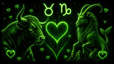 Ilustração em tons de verde com um touro (símbolo de Touro) e um carneiro (símbolo de capricórnio) frente a frente, com um coração ao centro, representando a combinação amorosa entre eles