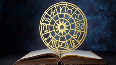 No centro da imagem, há uma Roda do Zodíaco e, embaixo dela, há um livro aberto.