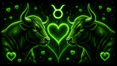 Ilustração em tons de verde com um touro (símbolo de Touro) frente a frente, com um coração ao centro, representando a combinação amorosa entre eles