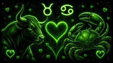 Ilustração em tons de verde com um touro (símbolo de Touro) e um caranguejo (símbolo de Câncer) frente a frente, com um coração ao centro, representando a combinação amorosa entre eles