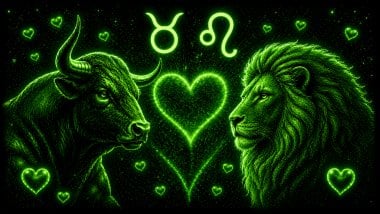 Ilustração em tons de verde com um touro (símbolo de Touro) e um Leão (símbolo de Leão) frente a frente, com um coração ao centro, representando a combinação amorosa entre eles