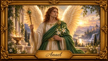 Arcanjo Anael com asas branco-douradas, túnica branca e manto verde, segurando lírios e um cajado em cenário celestial com moldura dourada.