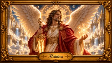 Arcanjo Metatron com cabelos castanhos, túnica clara, manto vermelho e asas brancas, segurando uma espada e um cubo de geometria sagrada em um cenário celestial dourado.