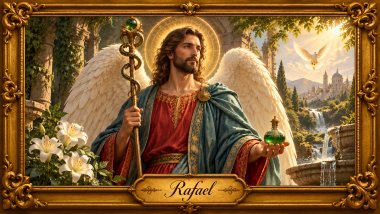 Arcanjo Rafael com túnica vermelho-clara, capa azul, asas brancas e barba castanha, segurando um cajado e um frasco verde em um jardim celestial com moldura dourada barroca.