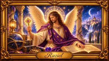 Arcanjo Raziel com asas douradas, vestes roxas e marfim, segurando uma chave mística diante de um cenário celestial, emoldurado em ouro barroco.
