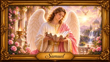 Arcanjo Samuel com asas brancas, túnica branca e manto rosa-claro com detalhes dourados, segurando uma concha luminosa em jardim celestial com moldura barroca.