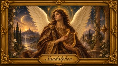 Arcanjo Sandalfon: Arcanjo Sandalfon com asas brancas, túnica marrom e lira dourada, em cenário celestial ao pôr do sol, com moldura barroca dourada.