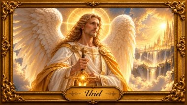 Arcanjo Uriel com cabelos loiros, túnica branca e dourada, asas brancas e espada luminosa, diante de uma cidade celestial emoldurada em ouro barroco.