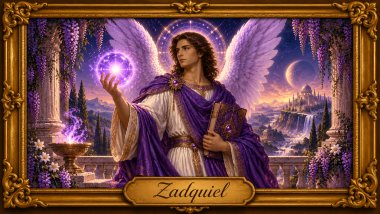 Arcanjo Zadquiel com asas branco-arroxeadas, túnica branca e capa roxa, segurando uma esfera mística em um cenário celestial com moldura dourada.
