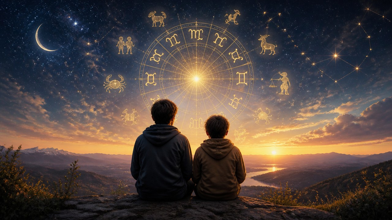 Duas crianças sentadas em montanha observando signos do zodíaco brilhando no céu ao pôr do sol
