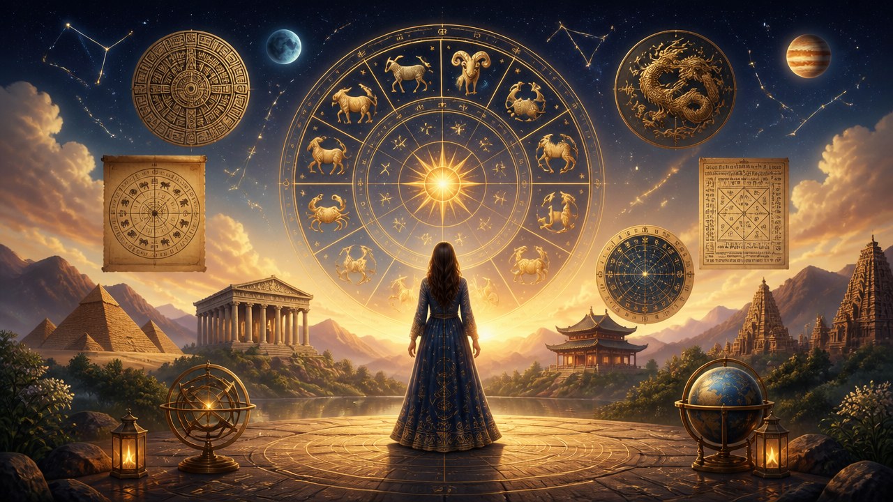 Mulher de costas em vestido azul observa símbolos astrológicos e horóscopos culturais sob céu estrelado