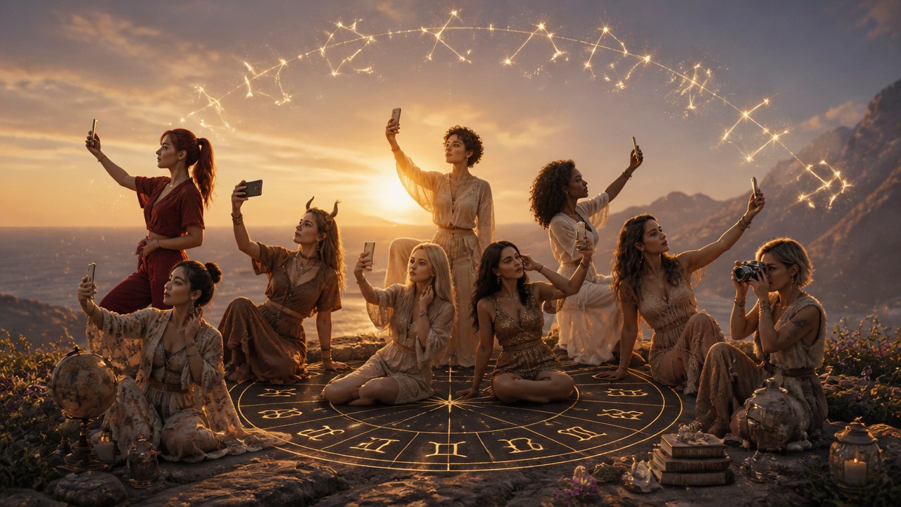 Grupo de mulheres em círculo ao ar livre tirando selfies com constelações zodiacais ao fundo