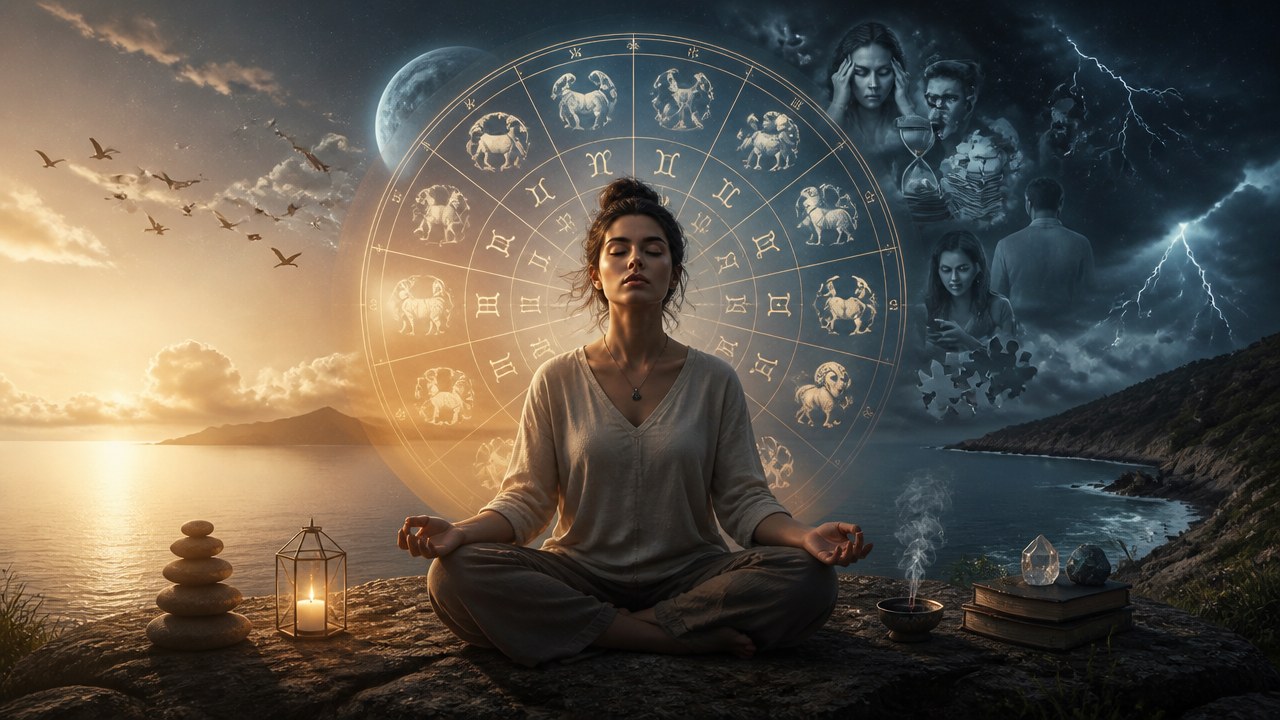 Mulher meditando à beira-mar com roda dos signos do zodíaco ao fundo, céu dividido entre dia e noite
