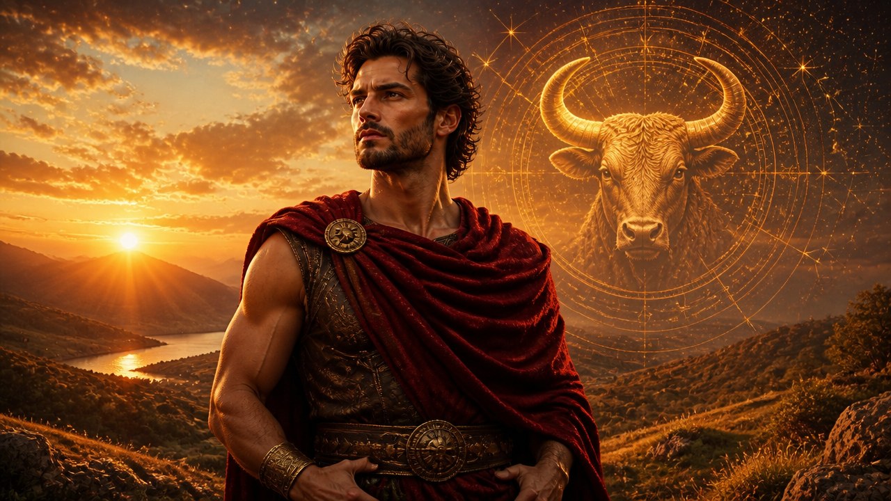 Homem forte com capa vermelha olhando para o horizonte ao pôr do sol, com símbolo de touro dourado ao fundo