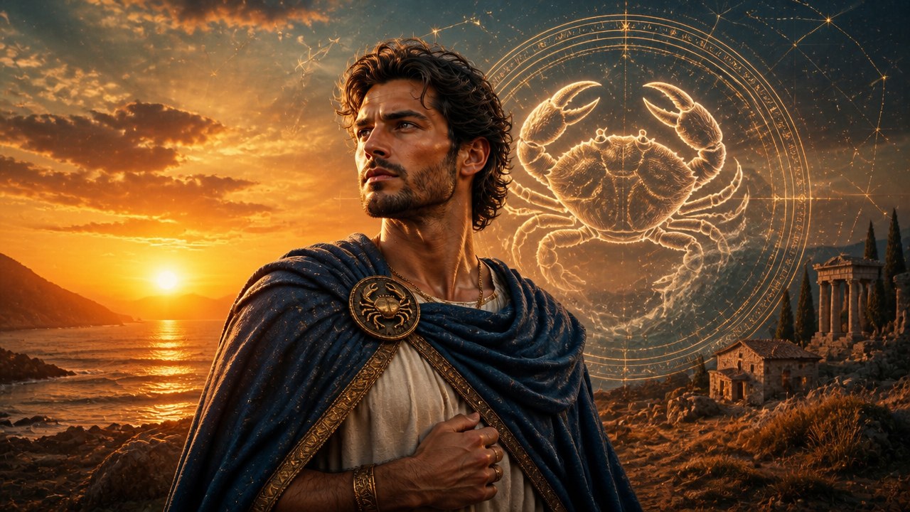 Homem com capa azul e broche dourado olhando para o horizonte ao pôr do sol com símbolo de câncer ao fundo