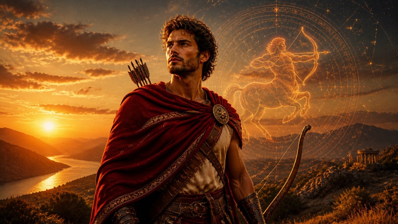 Homem com capa vermelha, segurando um arco, com a constelação de Sagitário e ao fundo um lindo pôr do sol