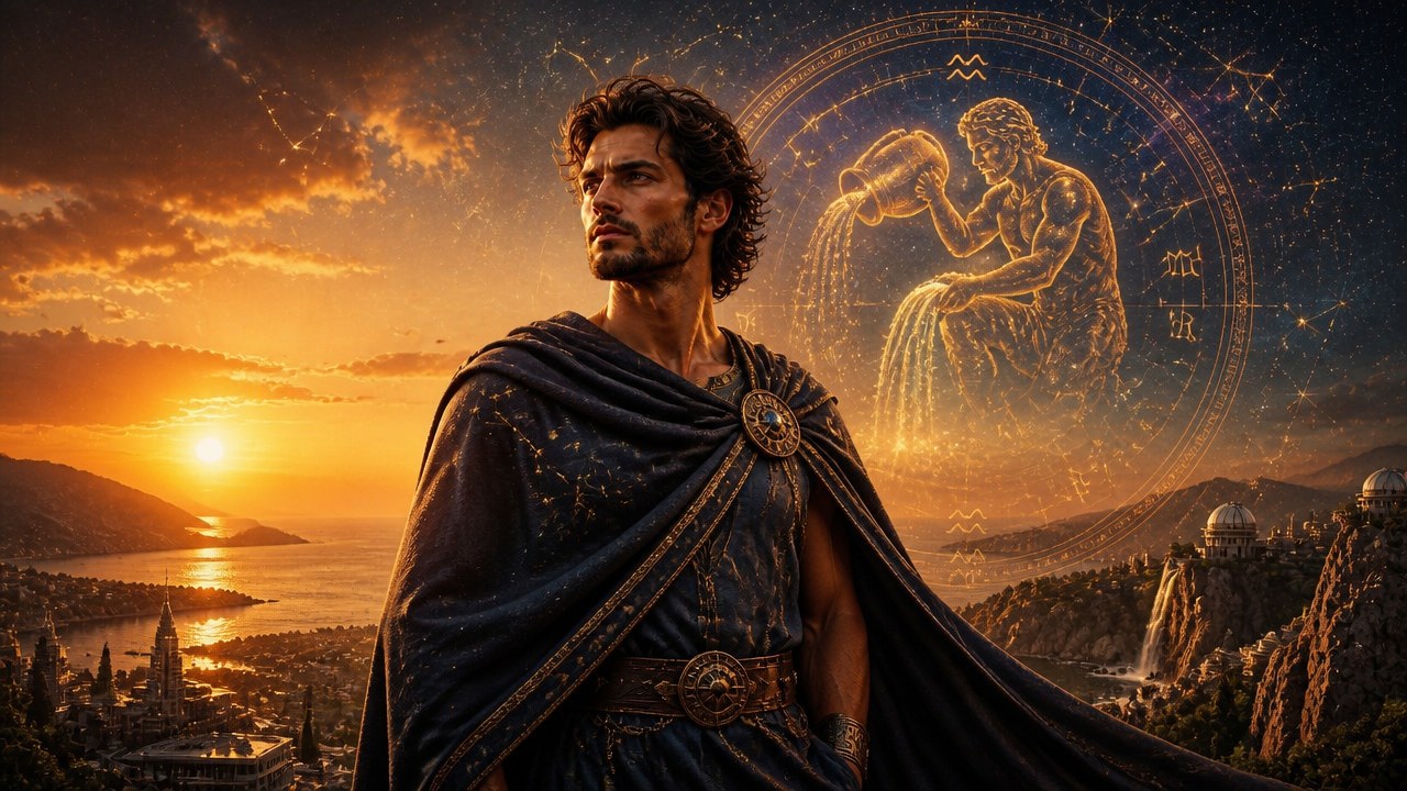 Homem com capa azul escura olhando para o lado, com pôr do sol e com o símbolo do signo de Aquário ao fundo