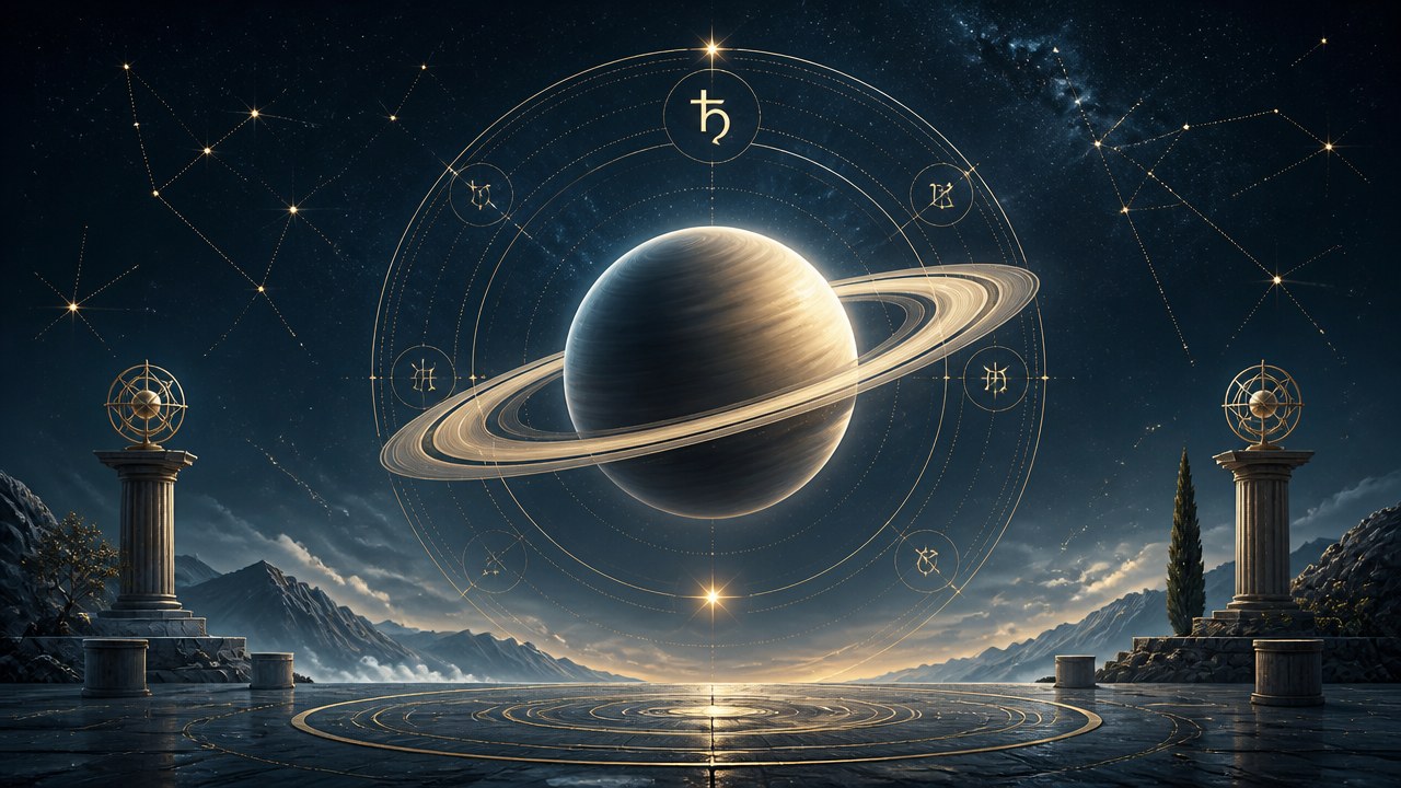 Arte editorial mística sobre Saturno no Mapa Astral: significado, desafios e amadurecimento