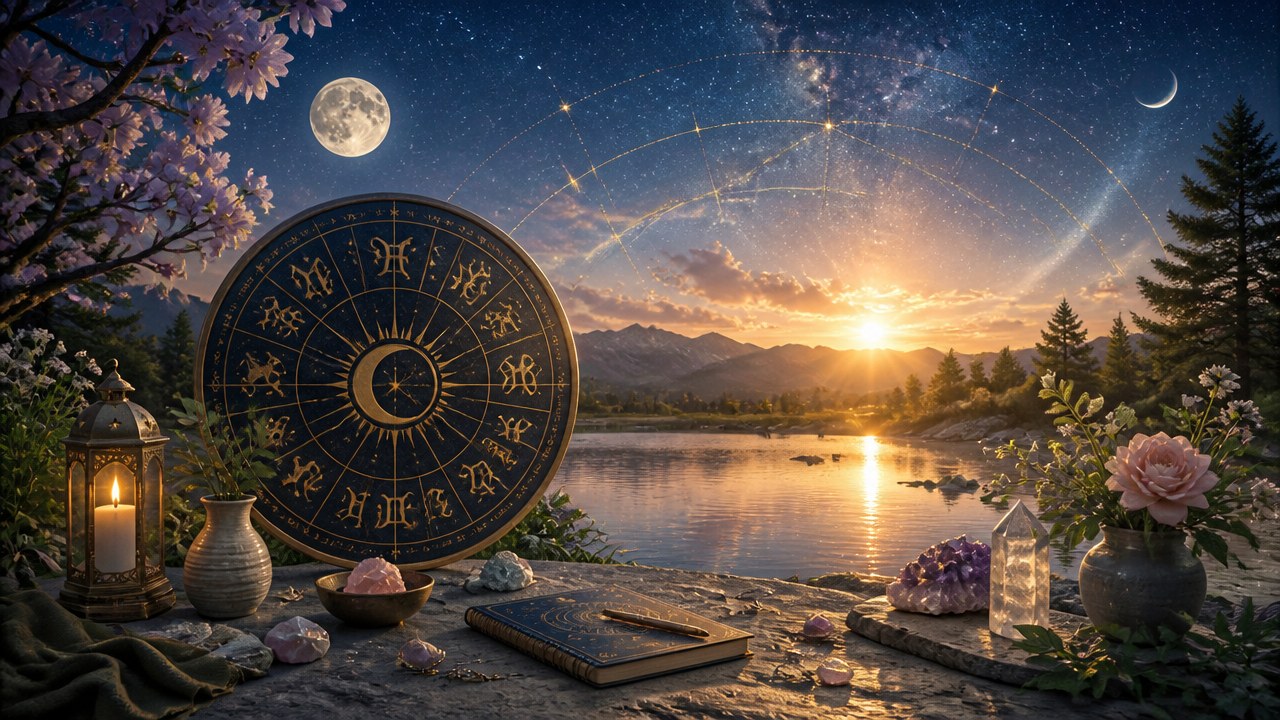 Roda do zodíaco com símbolos dos signos, ao lado de objetos místicos, sob céu estrelado e pôr do sol sobre lago e montanhas