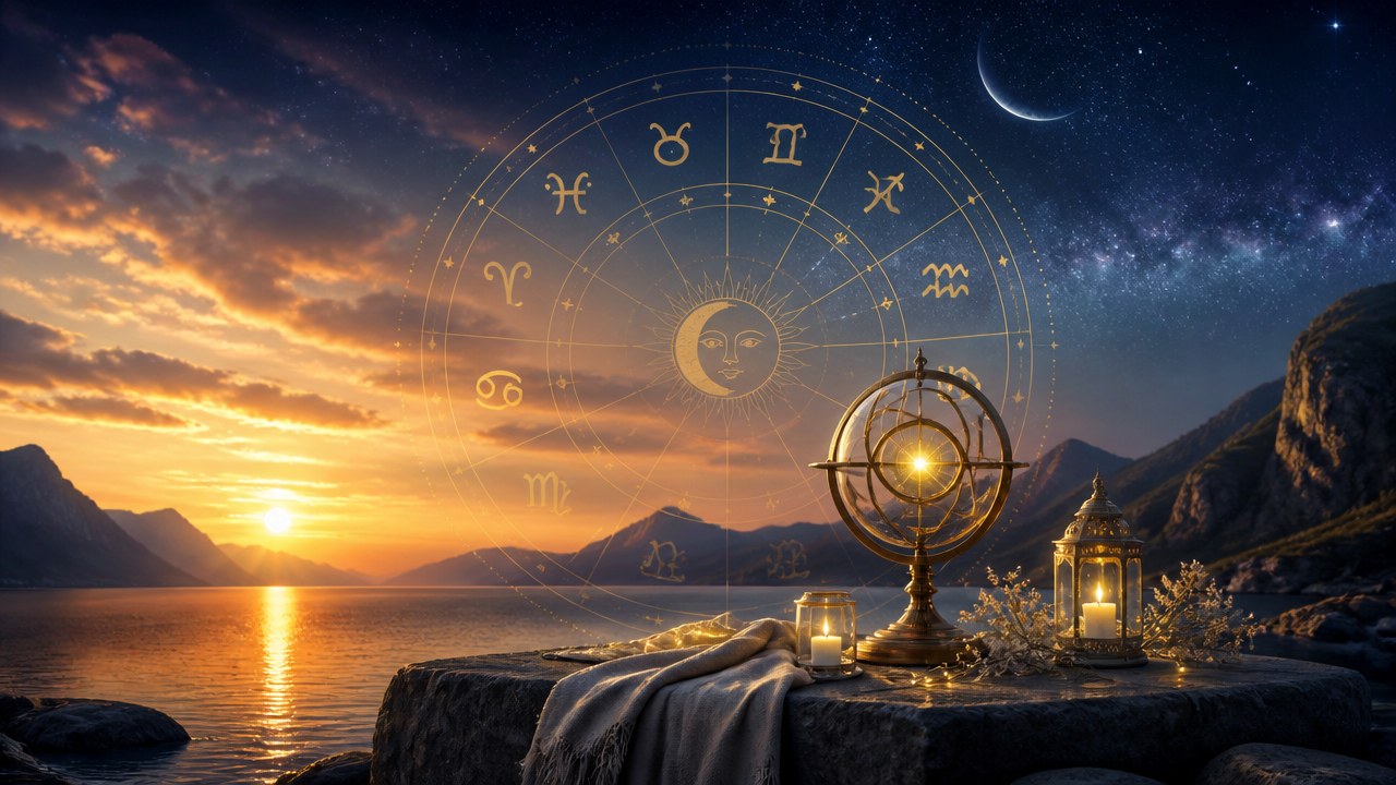 Pôr do sol sobre lago com montanhas, constelações zodiacais no céu e objetos de astrologia iluminados