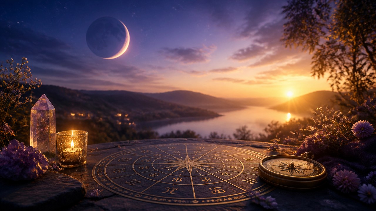Mesa com zodíaco, vela acesa, cristal e bússola ao pôr do sol com lua crescente no céu