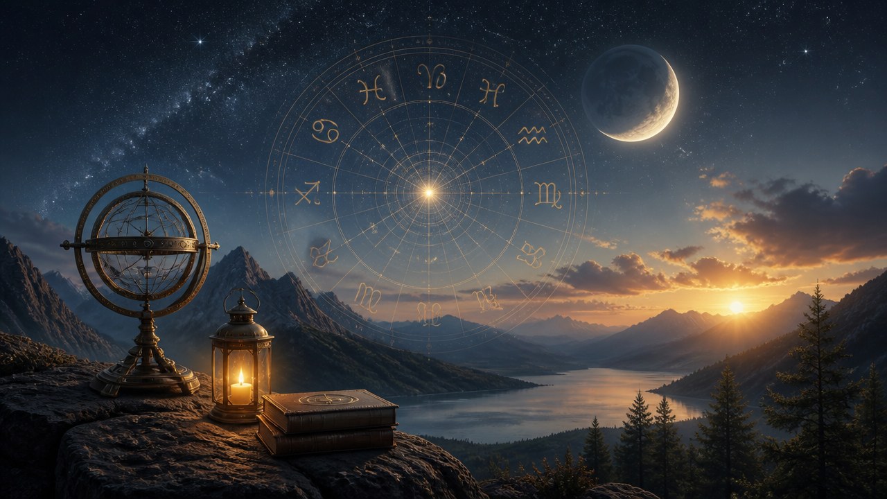 Paisagem montanhosa ao entardecer com céu estrelado, signos do zodíaco, lua crescente, livro e luminária sobre pedra