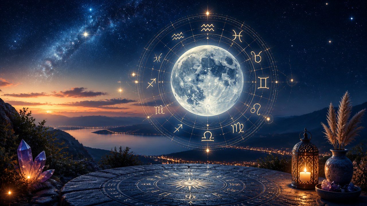 Lua cheia no céu com círculo dos signos do zodíaco, vista para lago ao pôr do sol e objetos místicos em pedra