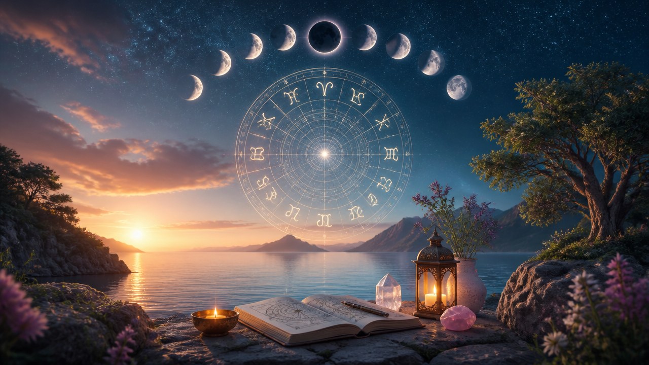 Céu ao entardecer com fases da lua, zodíaco ao centro, livro aberto, vela e lanterna à beira de um lago