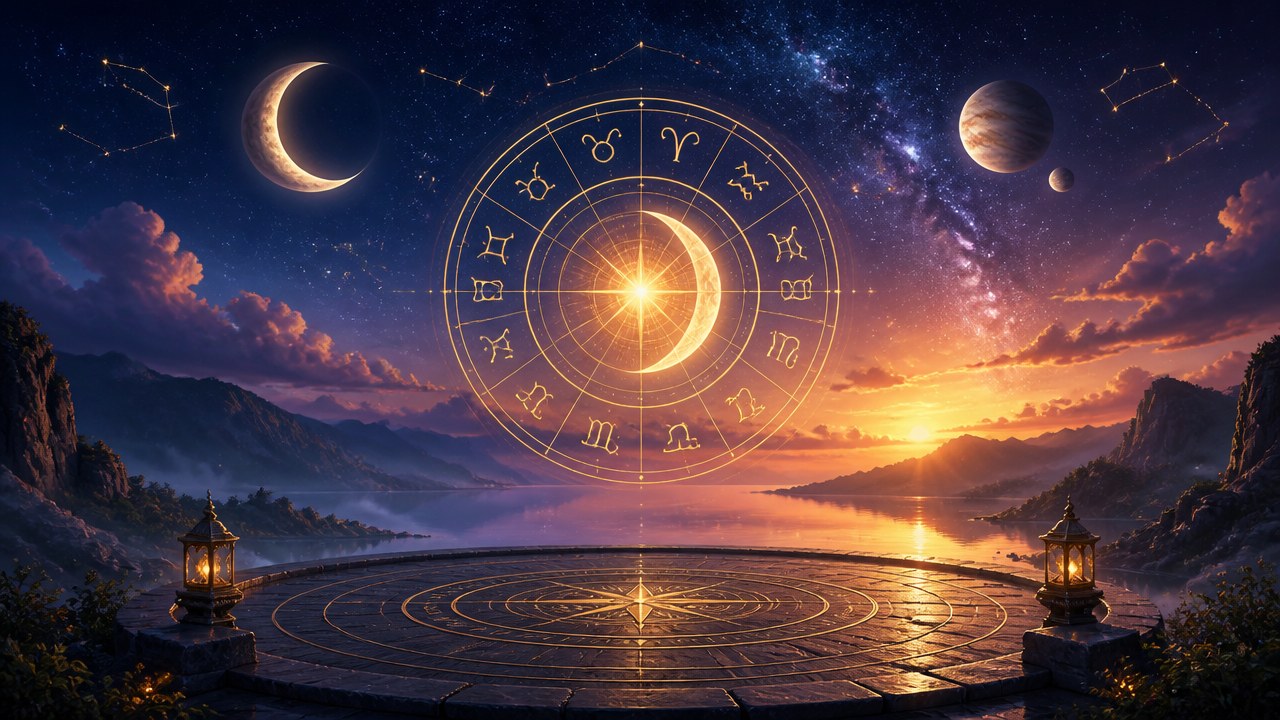 Céu ao entardecer com constelações, signos do zodíaco em círculo e lua crescente sobre lago entre montanhas