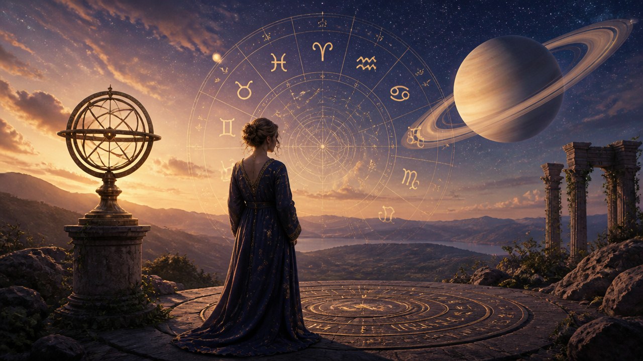 Pessoa de costas observa signos do zodíaco, planeta Saturno e ruínas antigas ao entardecer