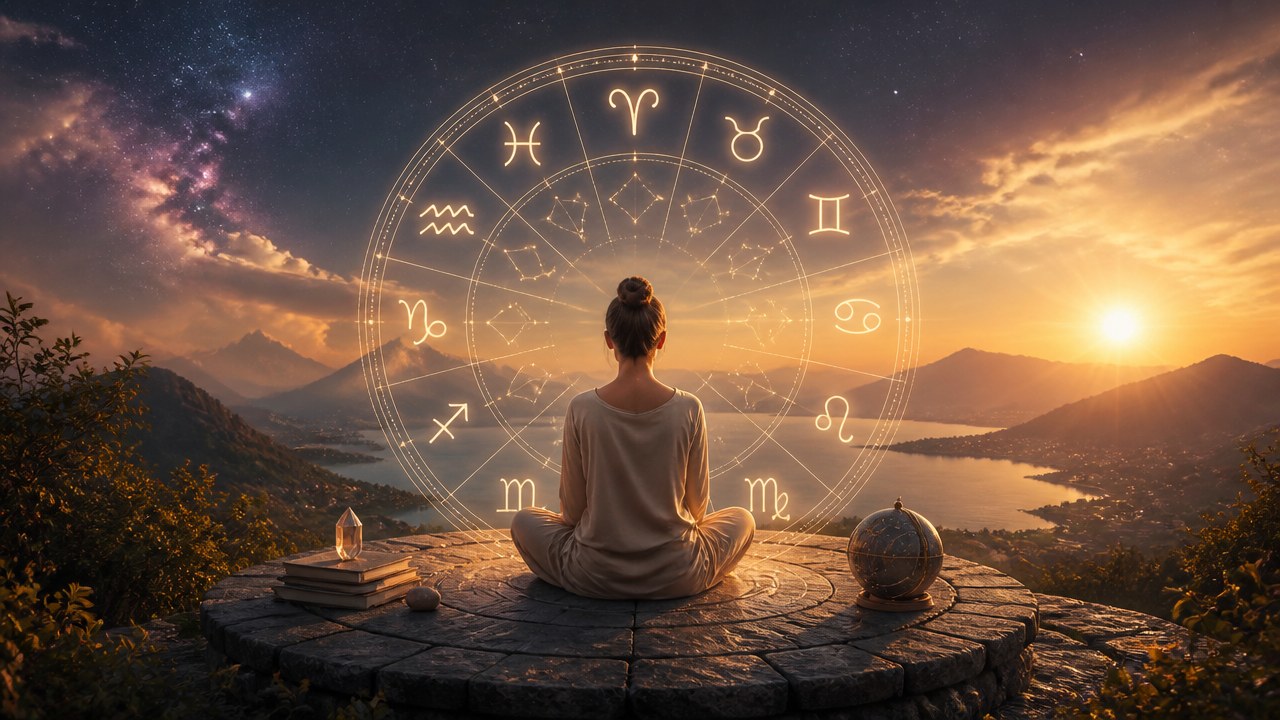 Pessoa sentada de costas meditando diante de círculo com signos do zodíaco ao pôr do sol
