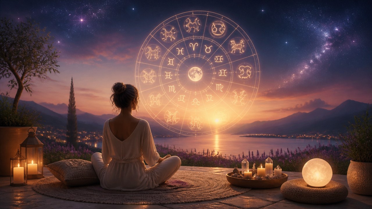 Mulher sentada de costas meditando ao pôr do sol com roda dos signos zodiacais iluminada no céu