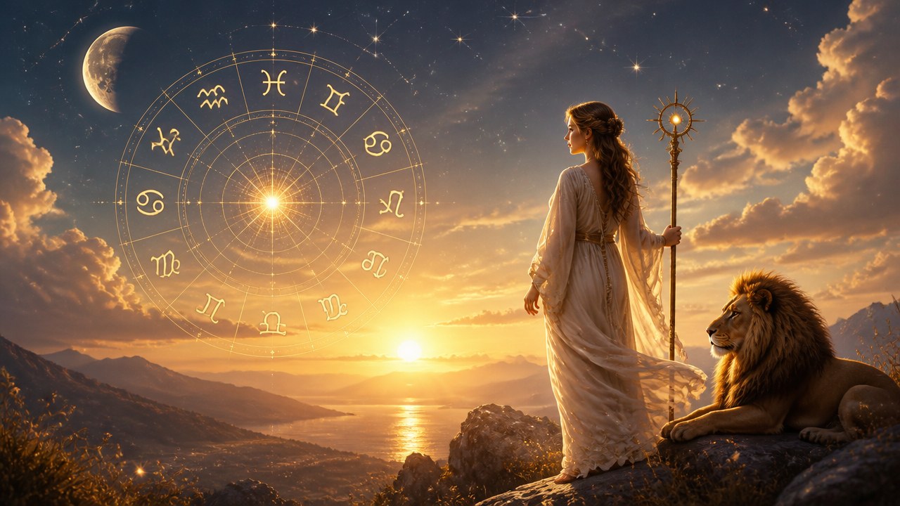 Mulher com vestido branco e leão ao pôr do sol com círculo dos signos do zodíaco no céu