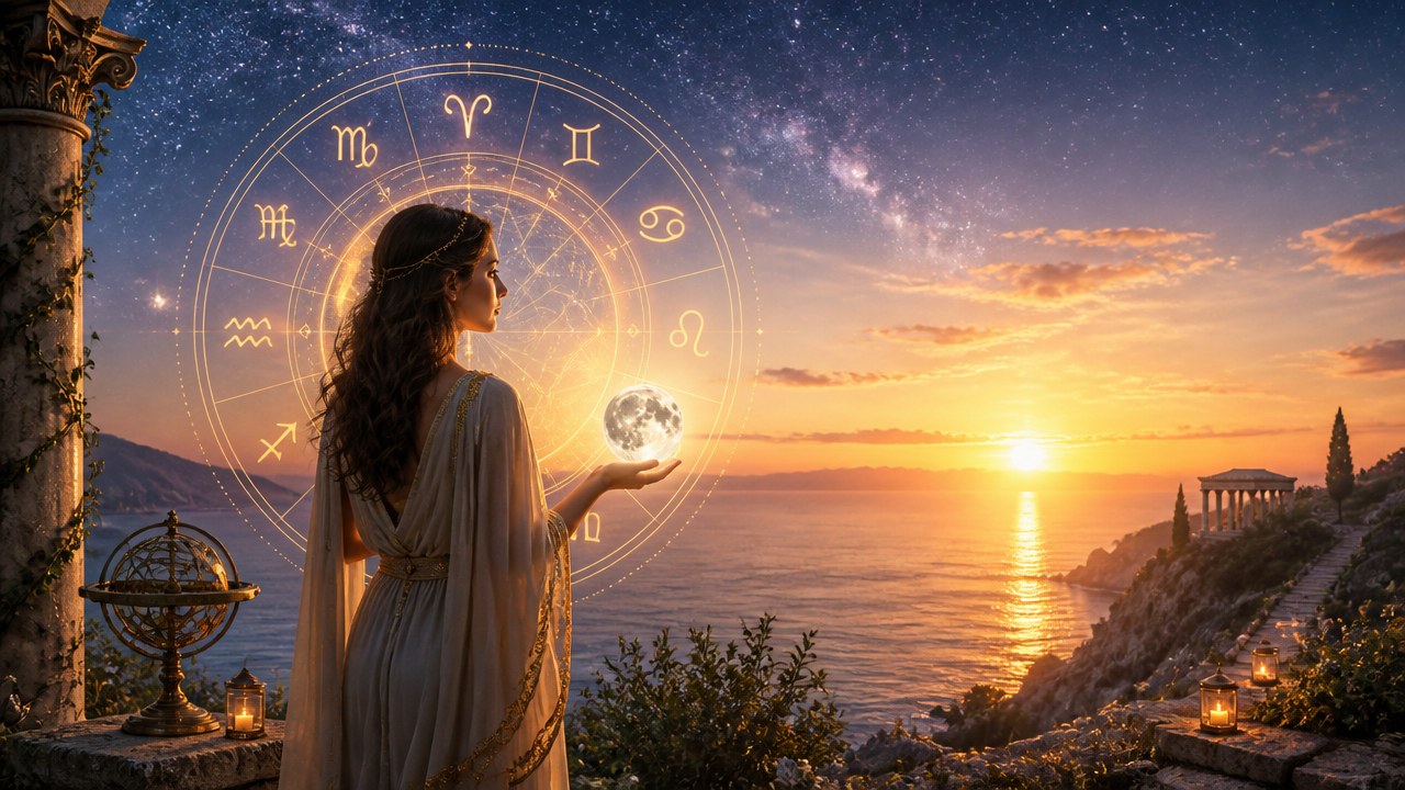 Mulher segurando a lua com signos do zodíaco ao fundo e pôr do sol no mar