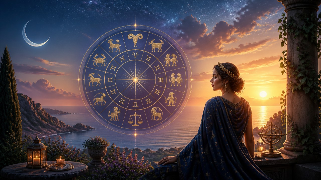 Mulher com vestido azul olhando para o horizonte ao pôr do sol com roda dos signos do zodíaco no céu