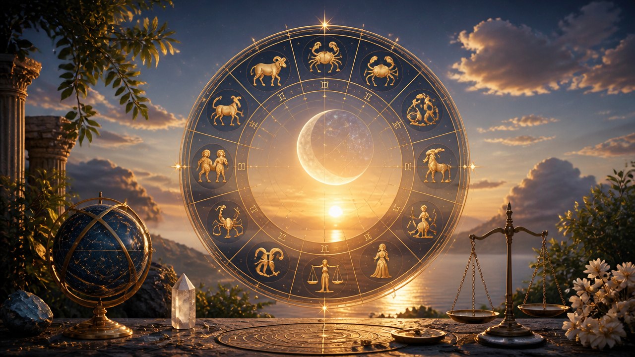 Roda do zodíaco com signos astrológicos, sol nascente ao fundo, balança dourada e globo celeste em cenário ao entardecer