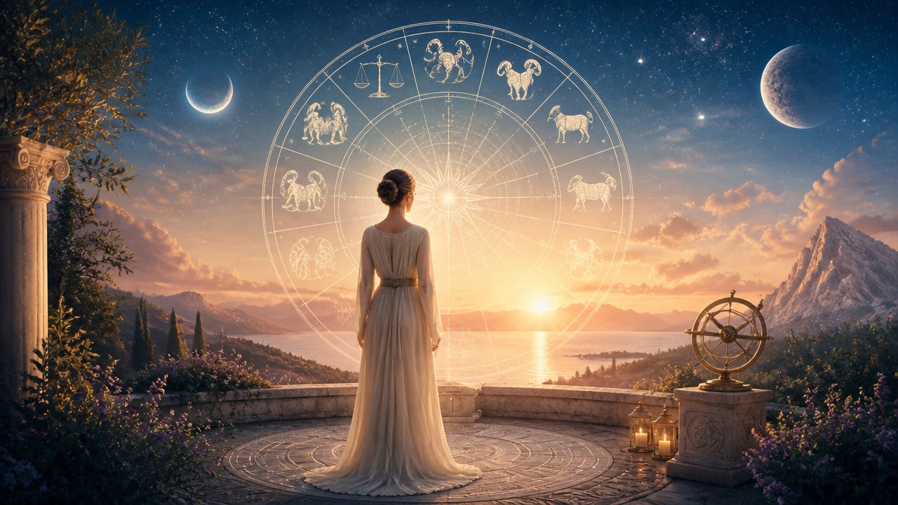 Mulher de vestido longo olhando para círculo zodiacal iluminado ao pôr do sol com céu estrelado e montanhas ao fundo