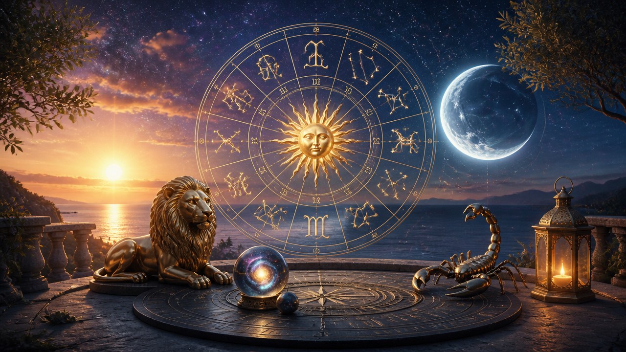 Céu estrelado com signos do zodíaco, leão, escorpião, sol e lua ao entardecer