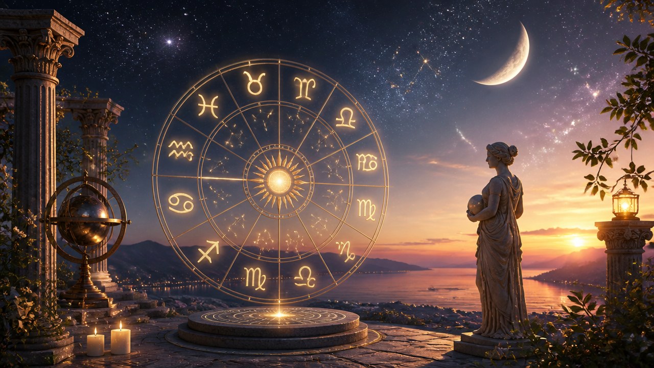 Roda do zodíaco iluminada ao entardecer com estátua, colunas antigas, velas e lua crescente no céu