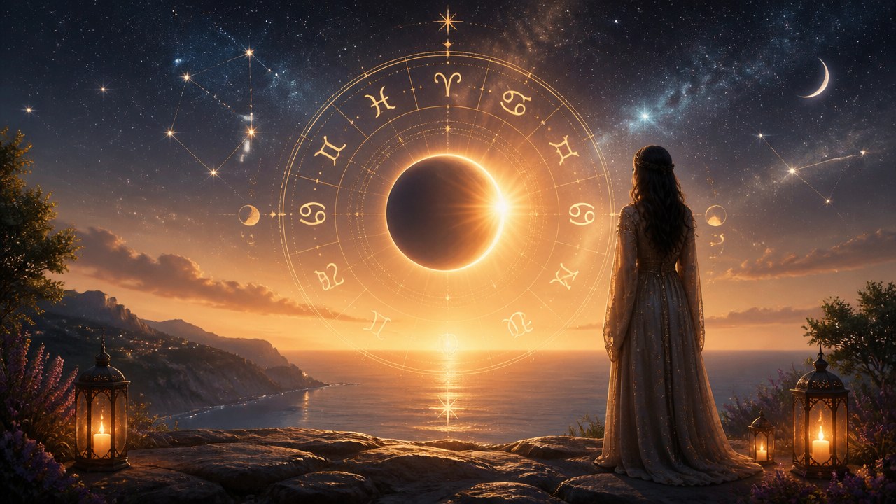 Mulher observando eclipse solar com círculo dos signos do zodíaco no céu ao entardecer