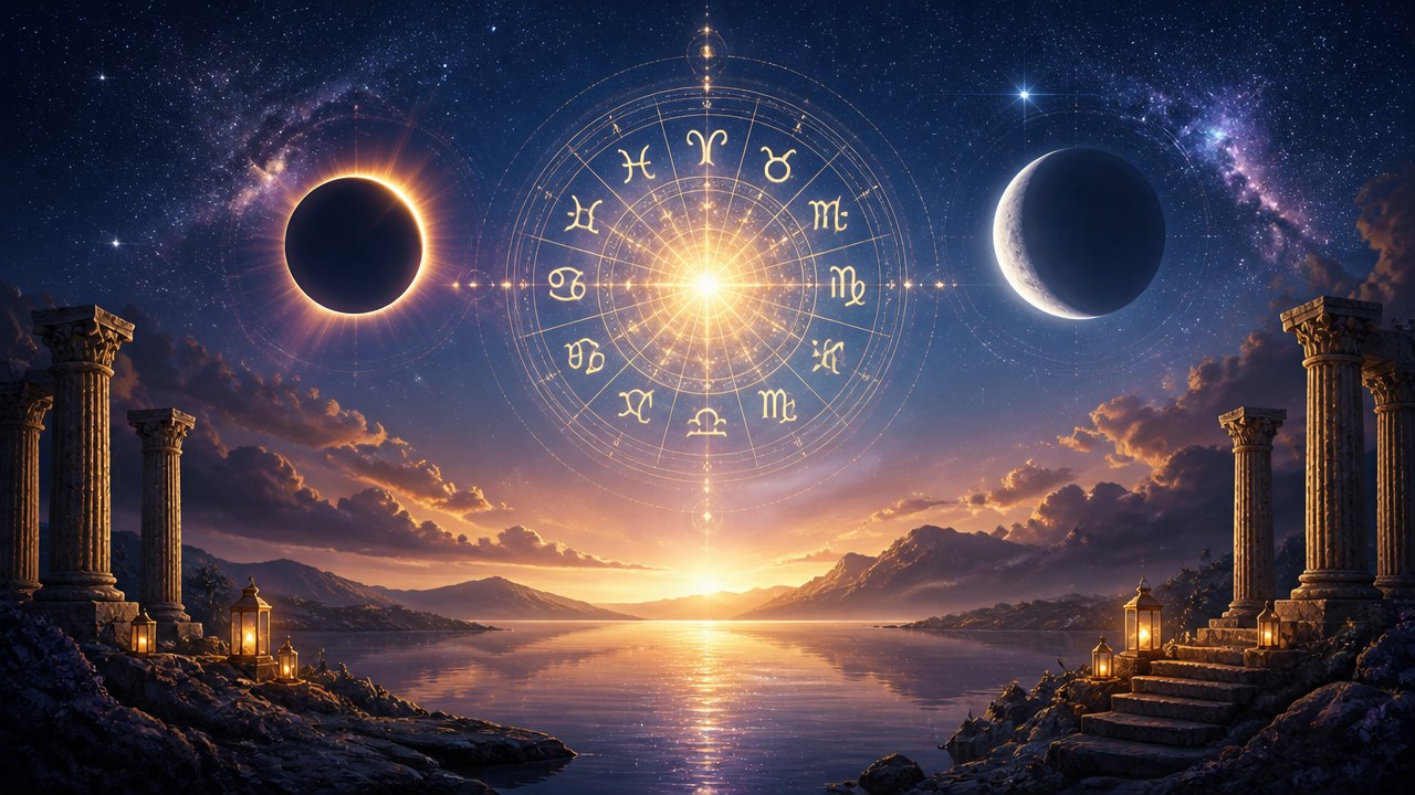 Círculo zodiacal brilhante entre eclipse solar e eclipse lunar sobre paisagem com colunas antigas e mar ao pôr do sol