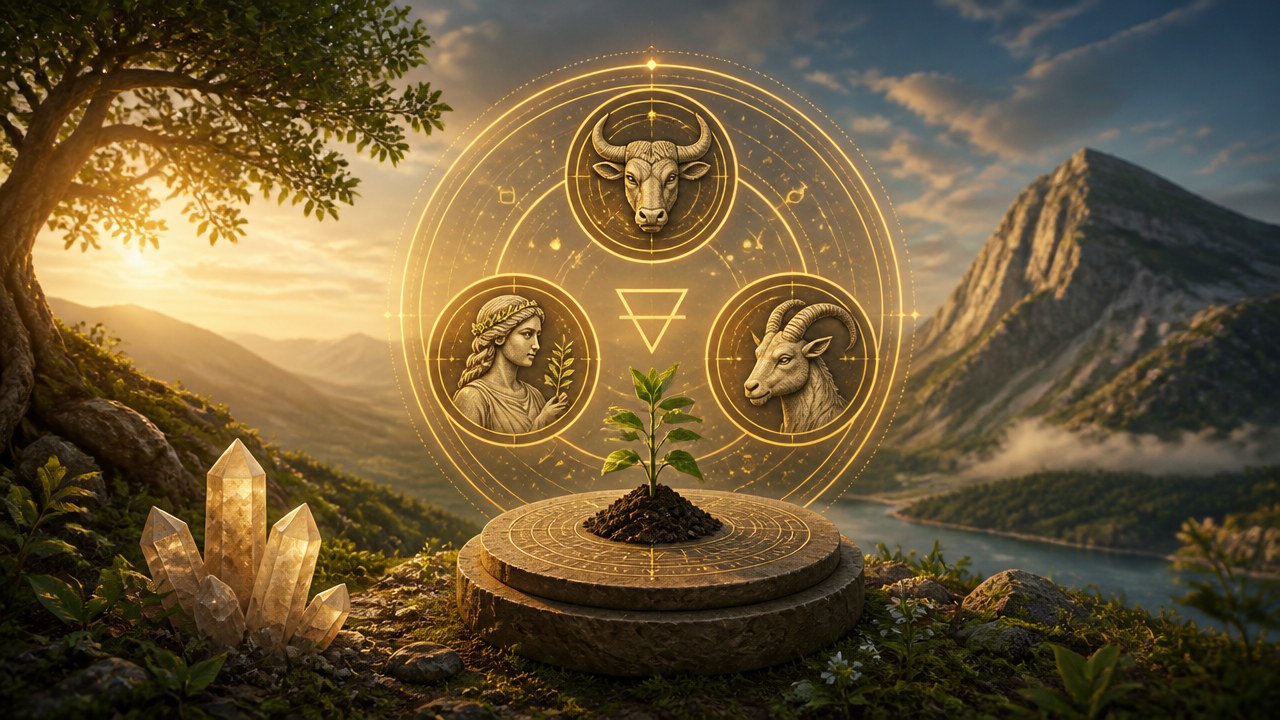 Símbolos dos signos de Terra com planta crescendo em pedestal, cristais e paisagem montanhosa ao pôr do sol