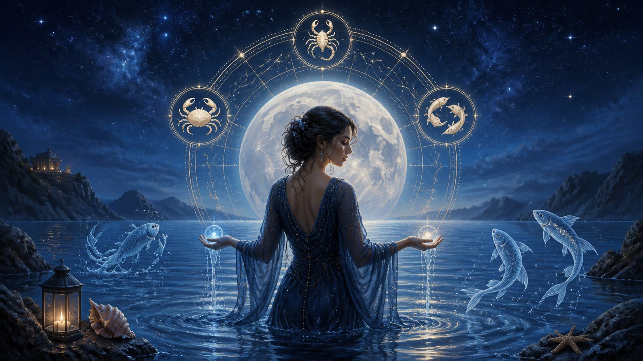 Mulher com vestido azul segurando luzes nas mãos diante da lua cheia e símbolos dos signos de Água no céu noturno