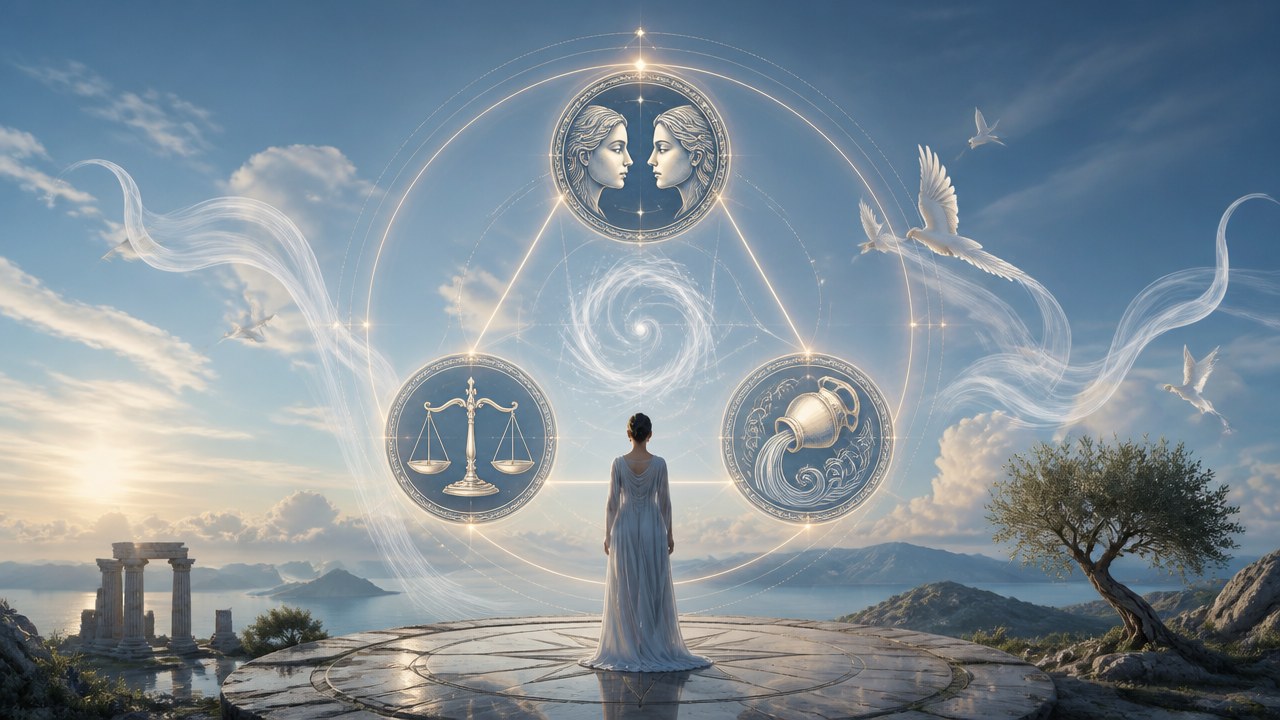 Mulher de costas em plataforma circular com símbolos dos signos de ar no céu ao amanhecer