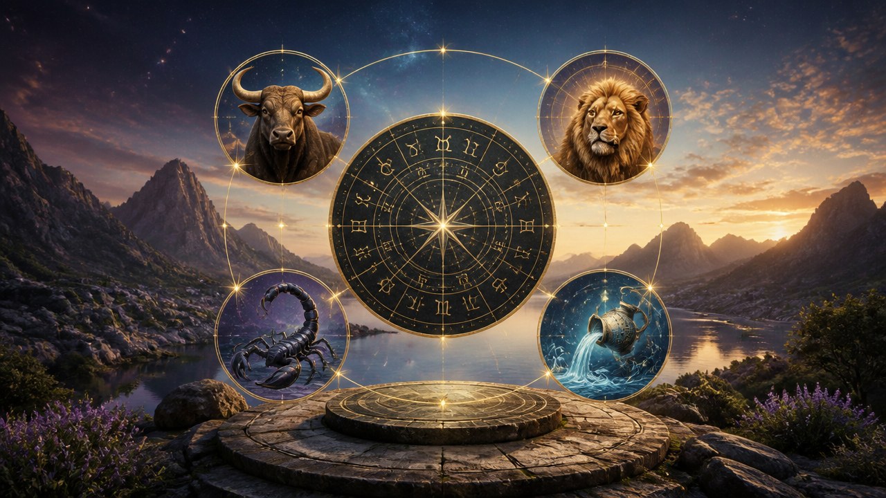 Roda zodiacal com símbolos dos signos fixos Touro, Leão, Escorpião e Aquário sobre paisagem montanhosa ao entardecer