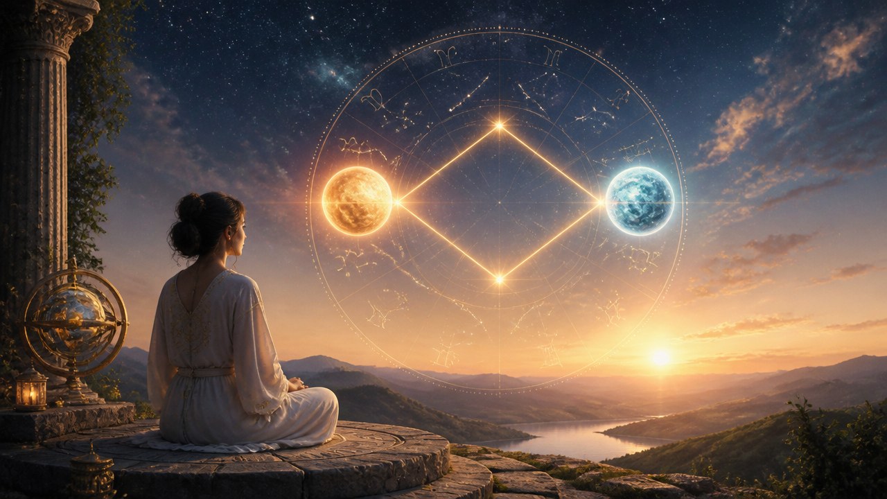 Mulher sentada de costas observando céu ao pôr do sol com símbolos astrológicos e linhas conectando dois planetas brilhantes