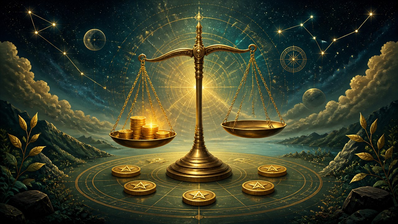 Arte editorial mística sobre Seis de Ouros no Tarot: significado, amor, trabalho e finanças